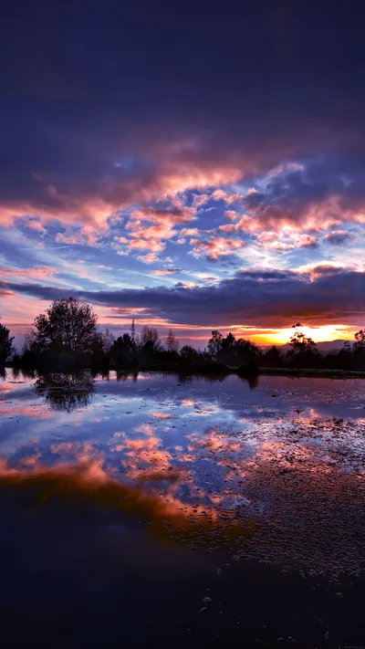Blue and orange storm clouds double themselves in a flooded field at dusk, tree silhouettes marking the thin dark line of the horizon.
