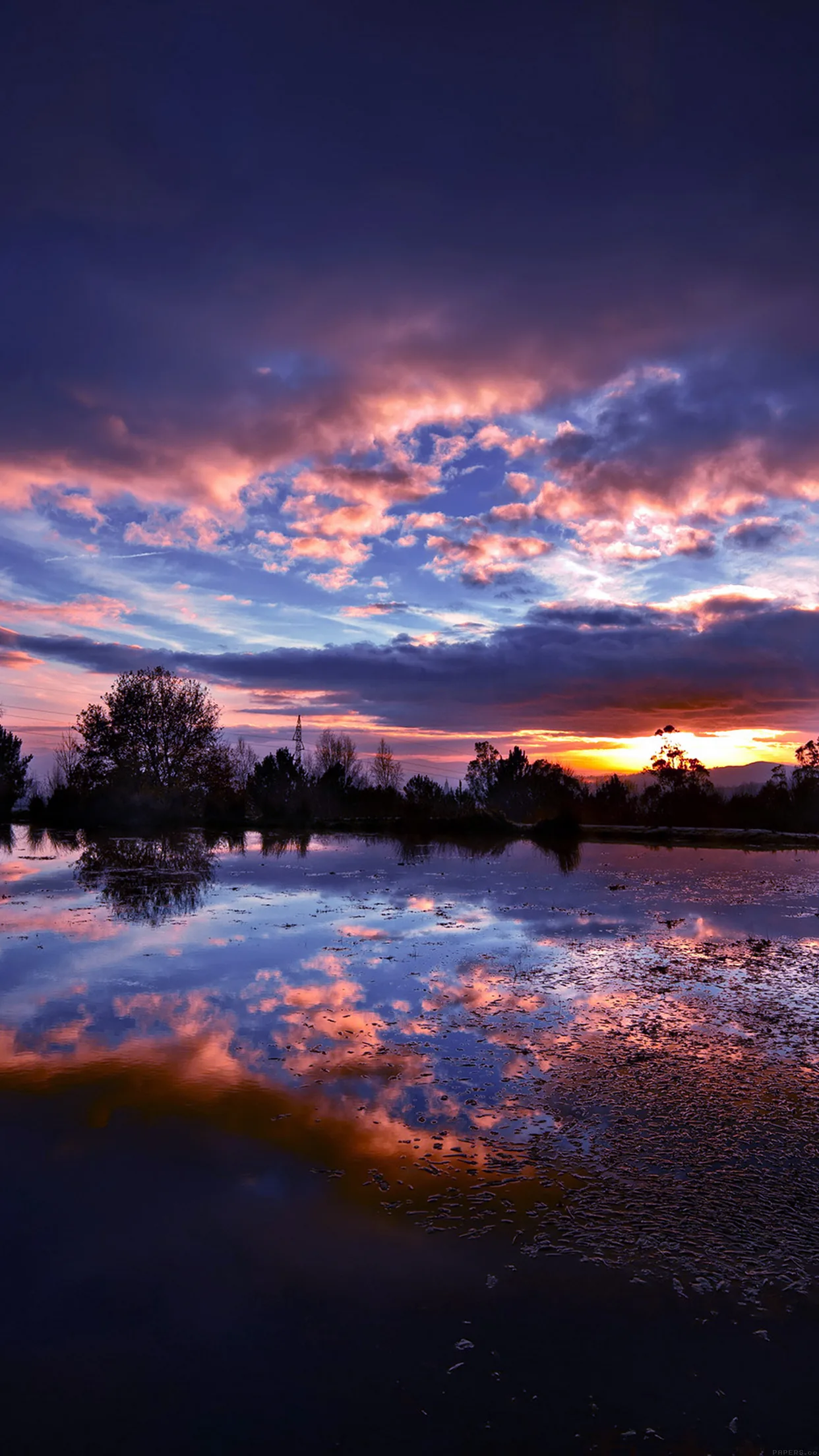 Blue and orange storm clouds double themselves in a flooded field at dusk, tree silhouettes marking the thin dark line of the horizon.
