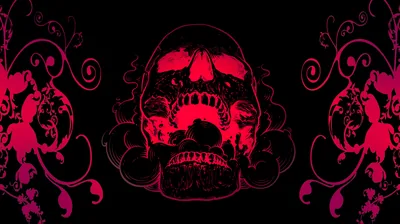 A skull glows hot pink at the centre with mirrored floral scrollwork on either side, the whole thing floating on flat black.