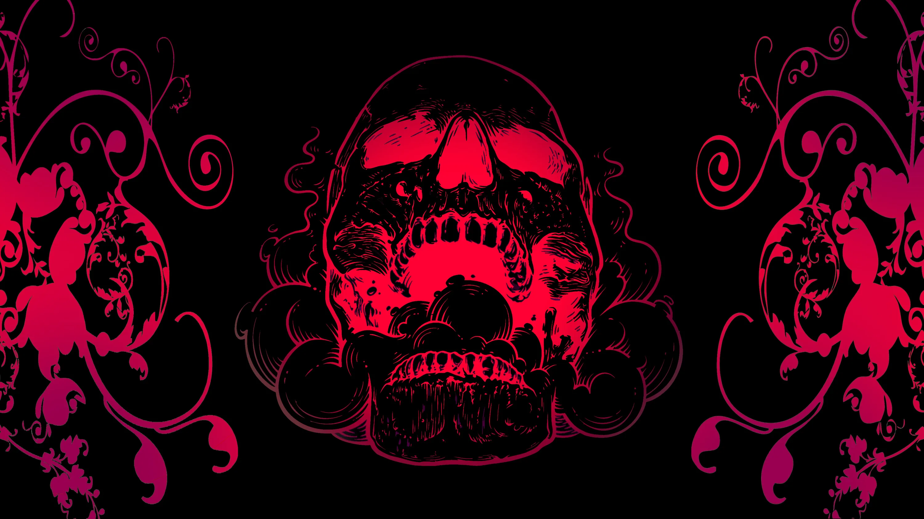A skull glows hot pink at the centre with mirrored floral scrollwork on either side, the whole thing floating on flat black.