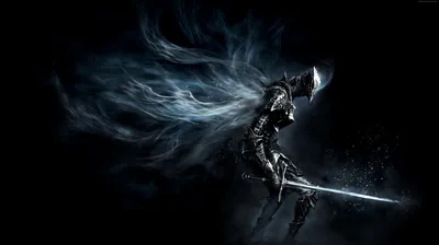 A kneeling knight in dark armour holds a glowing blade, blue fire trailing back from the helmet across the frame.