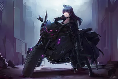 A dark-dressed girl perches side-saddle on a heavy black motorcycle in a grey alley, small violet lights on the machine the only colour in the scene.