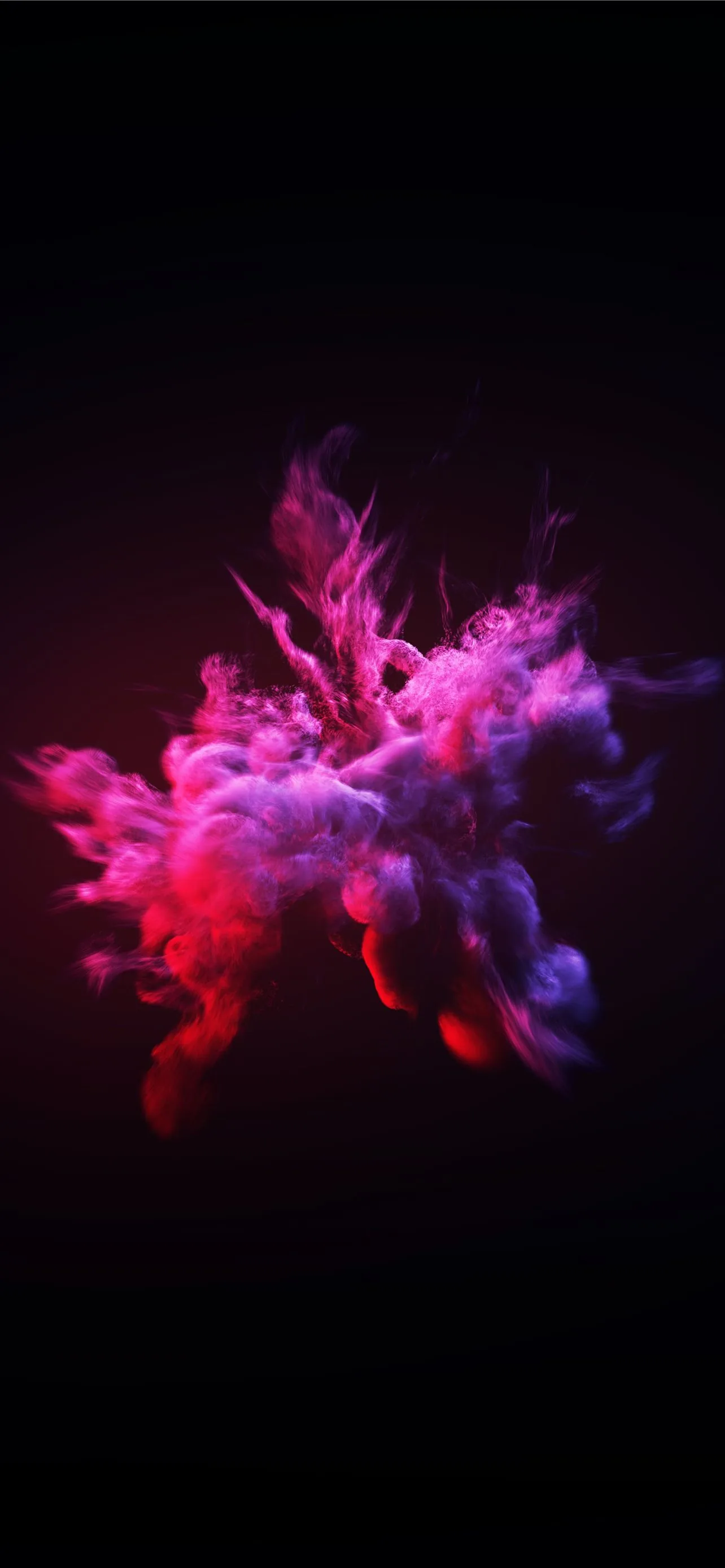 A cloud of pink and violet ink blooms at the centre of a black field, the wisps trailing off before they reach any edge.