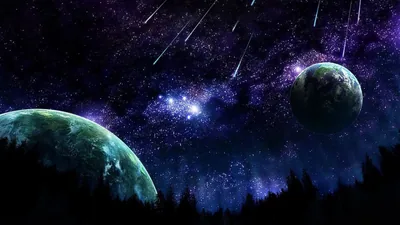 Painted meteors fall past two mossy planets toward a black pine treeline, the purple sky densest with stars right at the centre of the frame.