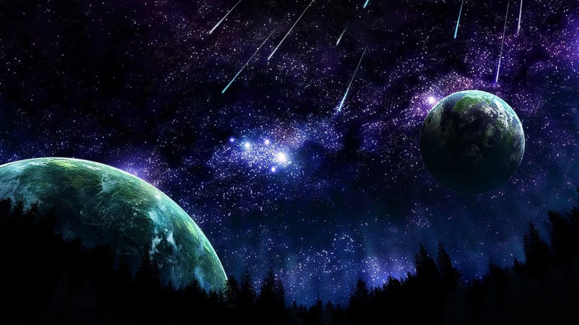 Painted meteors fall past two mossy planets toward a black pine treeline, the purple sky densest with stars right at the centre of the frame.