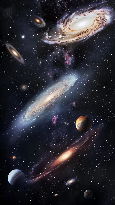 Spiral galaxies and ringed planets stacked up one tall frame like a tour of space, the largest galaxy tilted across the top.