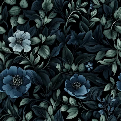 Blue anemone blooms and sage green leaves crowd every inch of a black ground, drawn with enough shadow that the pattern reads as night foliage.