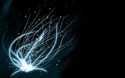 A plume of fine blue-white filaments and sparks curls up from the lower left, leaving the whole right half of the frame in near black.