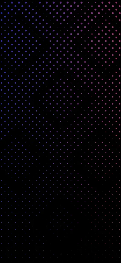A grid of tiny dots forms overlapping diamonds, picking up scattered orange, blue and pink specks against otherwise flat black.