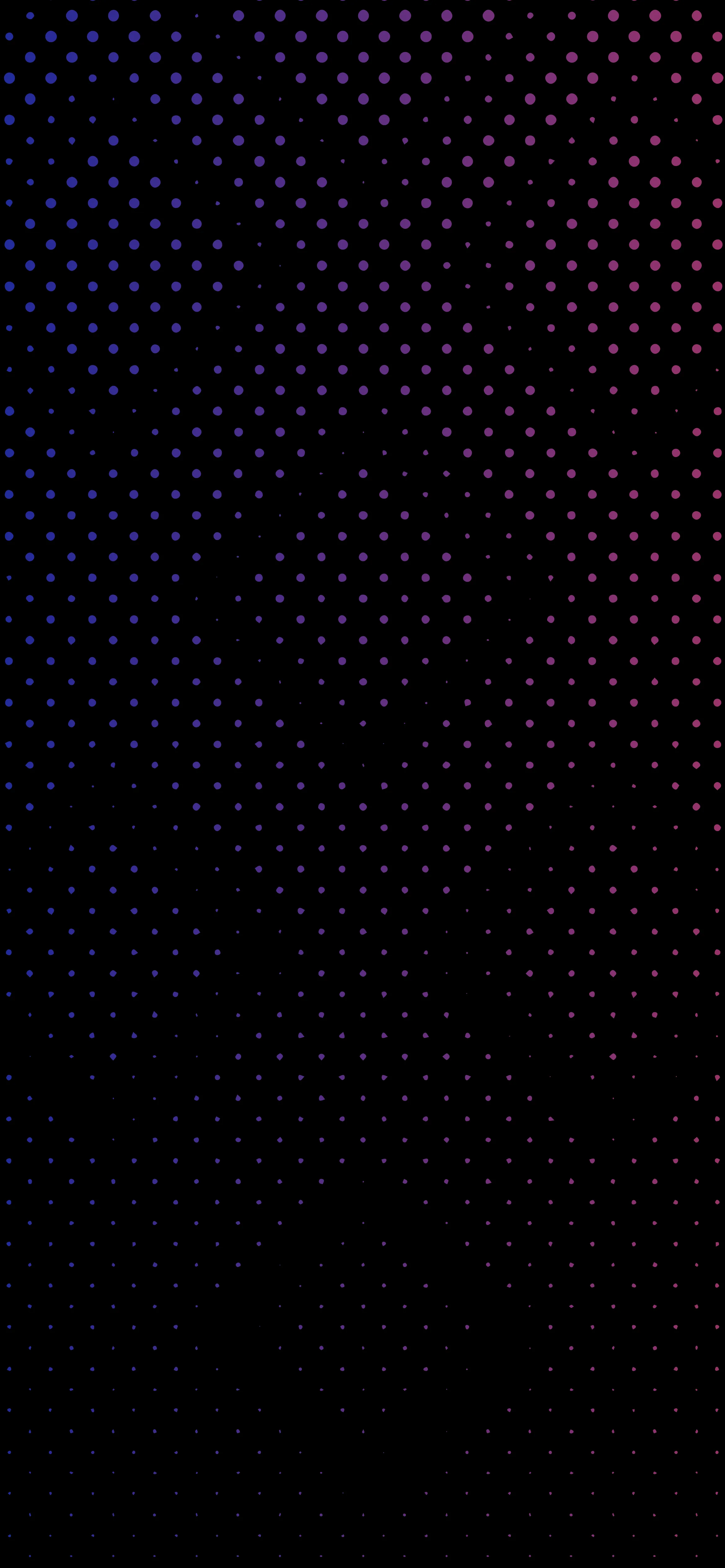 A grid of tiny dots forms overlapping diamonds, picking up scattered orange, blue and pink specks against otherwise flat black.