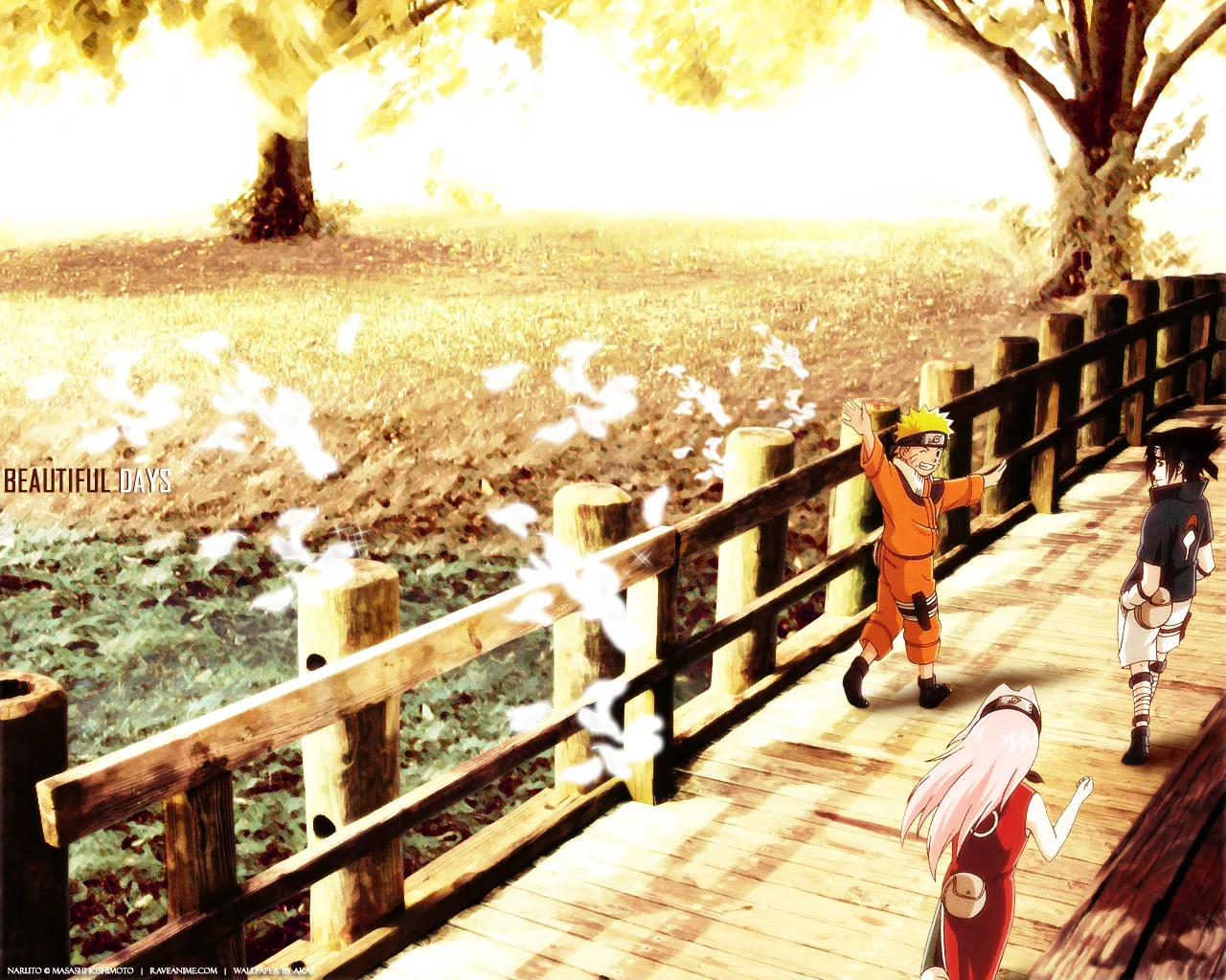 Kid Naruto sprints across a wooden bridge scattering white butterflies, Sakura and Sasuke trailing behind under a big tree in warm sepia light.