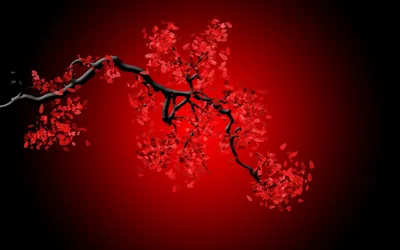 A dark branch heavy with crimson blossoms reaches in from the left, the red glow behind it fading to true black in every corner.