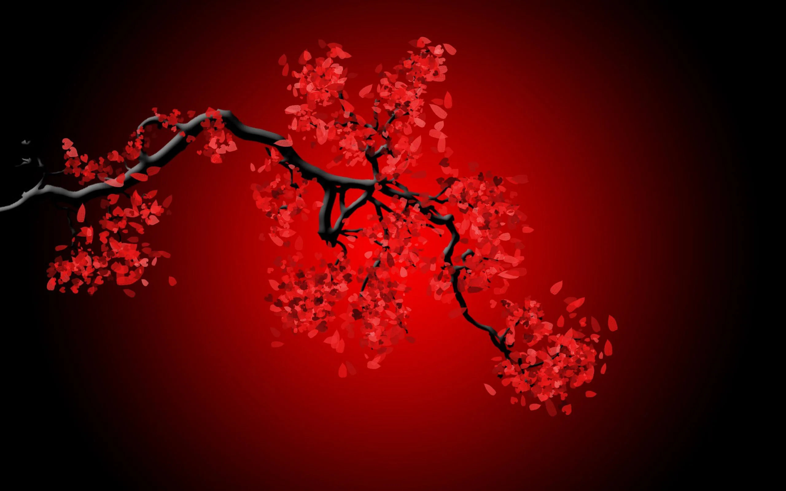 A dark branch heavy with crimson blossoms reaches in from the left, the red glow behind it fading to true black in every corner.