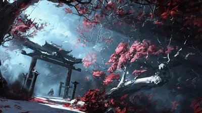 A lone figure passes beneath a weathered wooden gate while red blossom branches sweep overhead, cold blue light falling from the upper left through the trees.