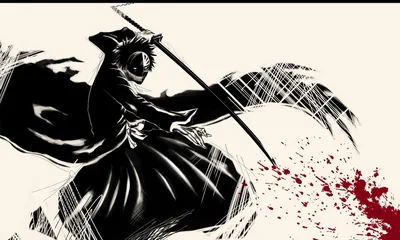 A cloaked swordsman swings a long blade in rough sumi-e brush strokes, black ink against cream paper with a spray of red at the lower right.