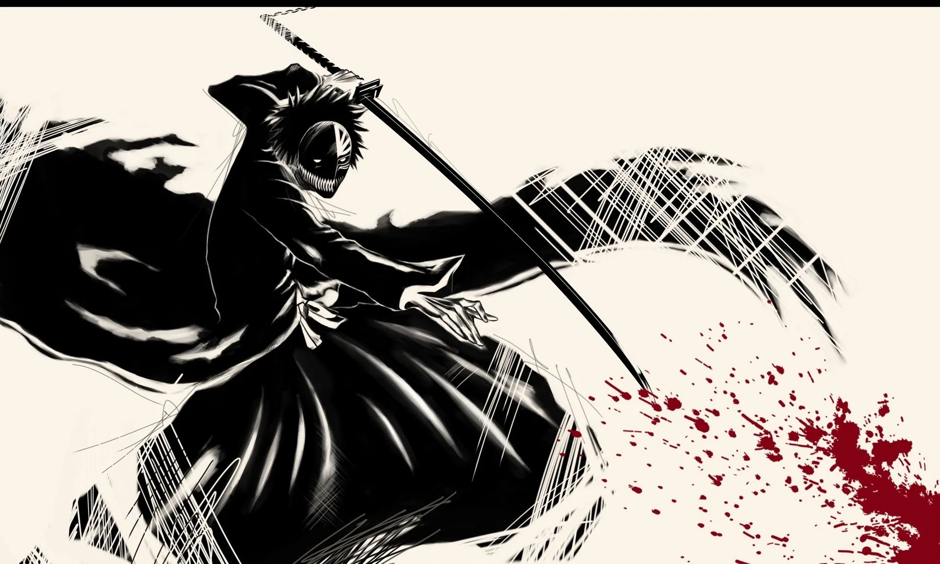 A cloaked swordsman swings a long blade in rough sumi-e brush strokes, black ink against cream paper with a spray of red at the lower right.