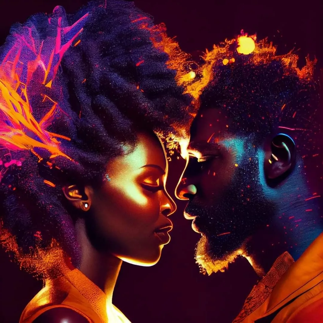 Digital portrait of two people leaning in, eyes closed, magenta and orange light breaking off their hair into particles against a dark purple ground.