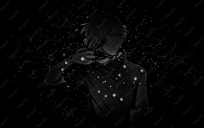 A boy in headphones turns his head as white flecks drift past, everything else rendered in soft grey against a black ground.