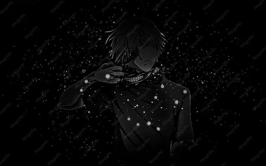 A boy in headphones turns his head as white flecks drift past, everything else rendered in soft grey against a black ground.