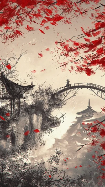 A lone figure crosses an arched stone bridge while red leaves fall past a thatched pavilion, the paper-toned sky occupying the airy top third.