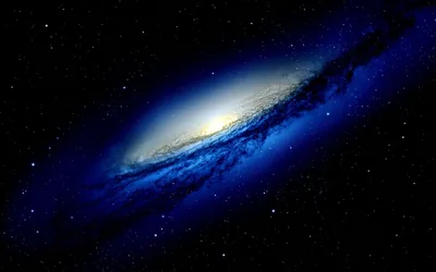 A tilted spiral galaxy glows gold at the centre and fades to deep blue at its edges, the lower half of the frame nearly empty.