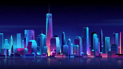 A cartoon-style skyline glows blue against the night, pink windows scattered through the towers and the whole city doubled in the water below.