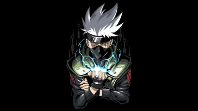 Kakashi holds a hand seal with blue chakra crackling up his arms, silver hair and green armour plates the only things lifting off a pure black background.