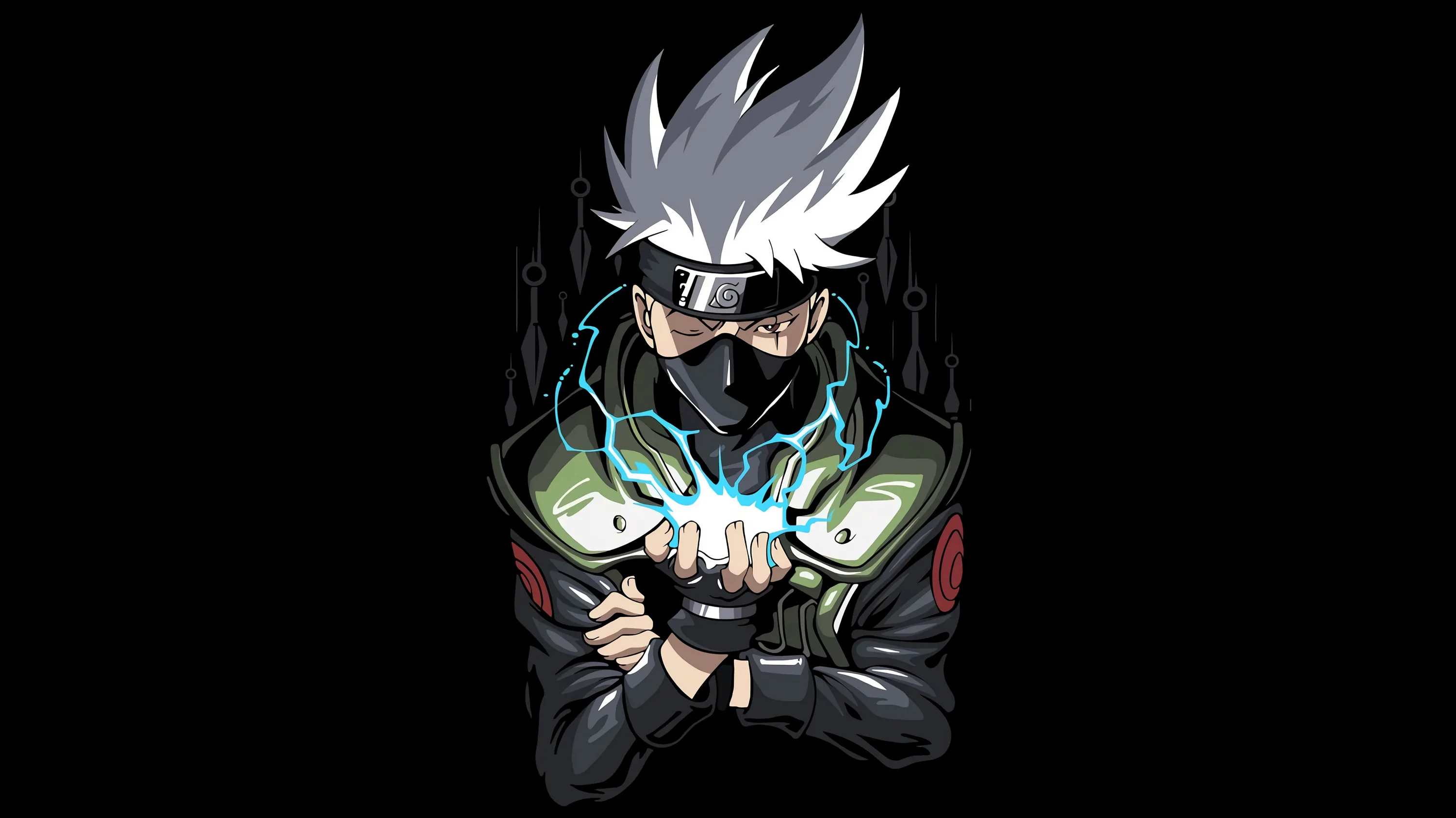 Kakashi holds a hand seal with blue chakra crackling up his arms, silver hair and green armour plates the only things lifting off a pure black background.