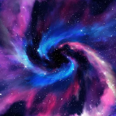 Hand-painted spiral of pink, blue and violet twisting around an off-centre core, with white star specks; square framing crops cleanly to any screen.