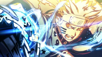 Six Paths Naruto swings through a blue arc of lightning as a Susanoo's ribcage closes in from the left, game art frozen mid-clash.