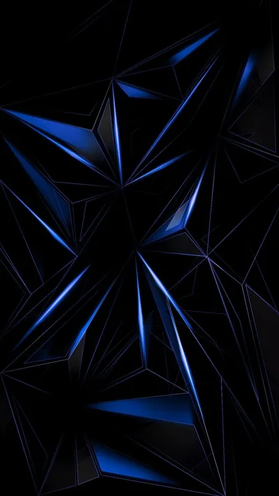 Faceted black crystal planes fill the frame, cool blue light catching a few triangular edges while most of the surface stays near true black.