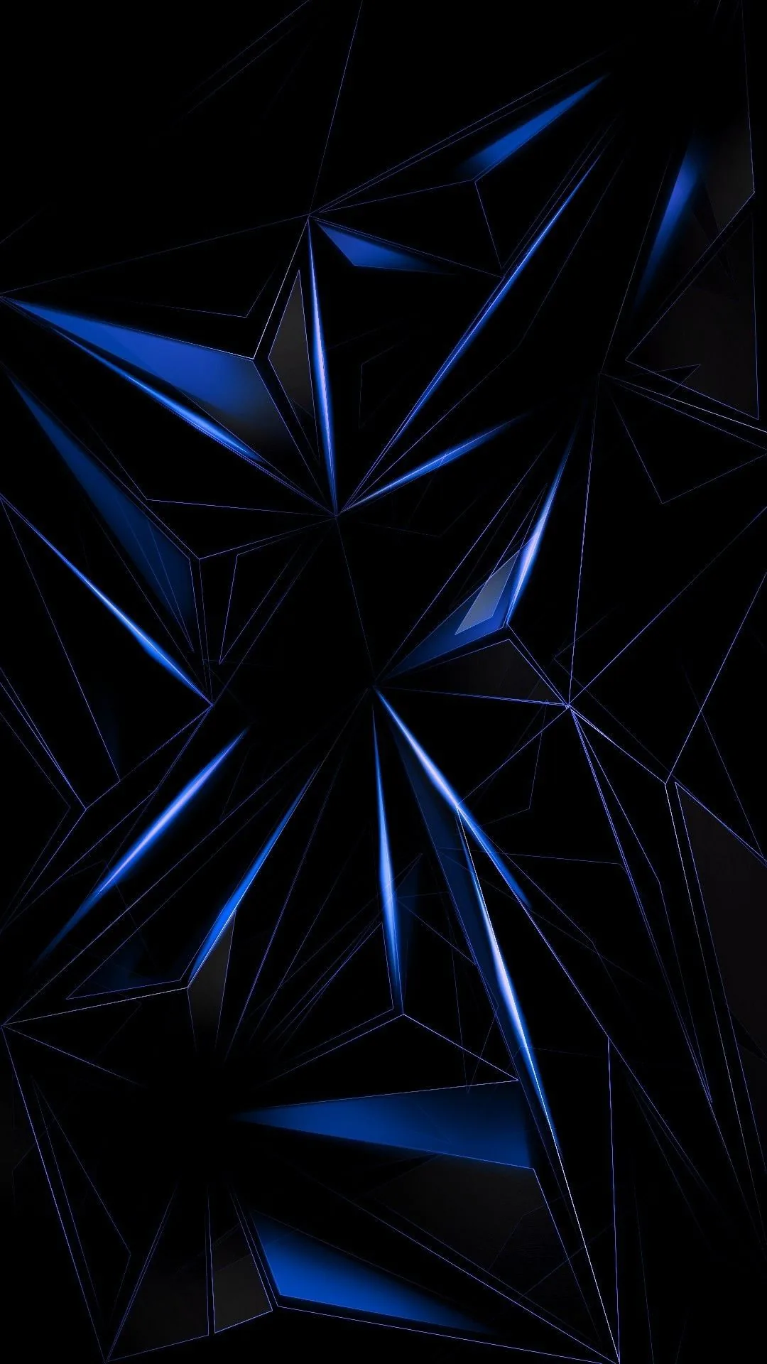Faceted black crystal planes fill the frame, cool blue light catching a few triangular edges while most of the surface stays near true black.