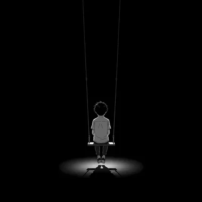 A small boy sits on a rope swing with a single pool of light at his feet, everything else in the square left black.