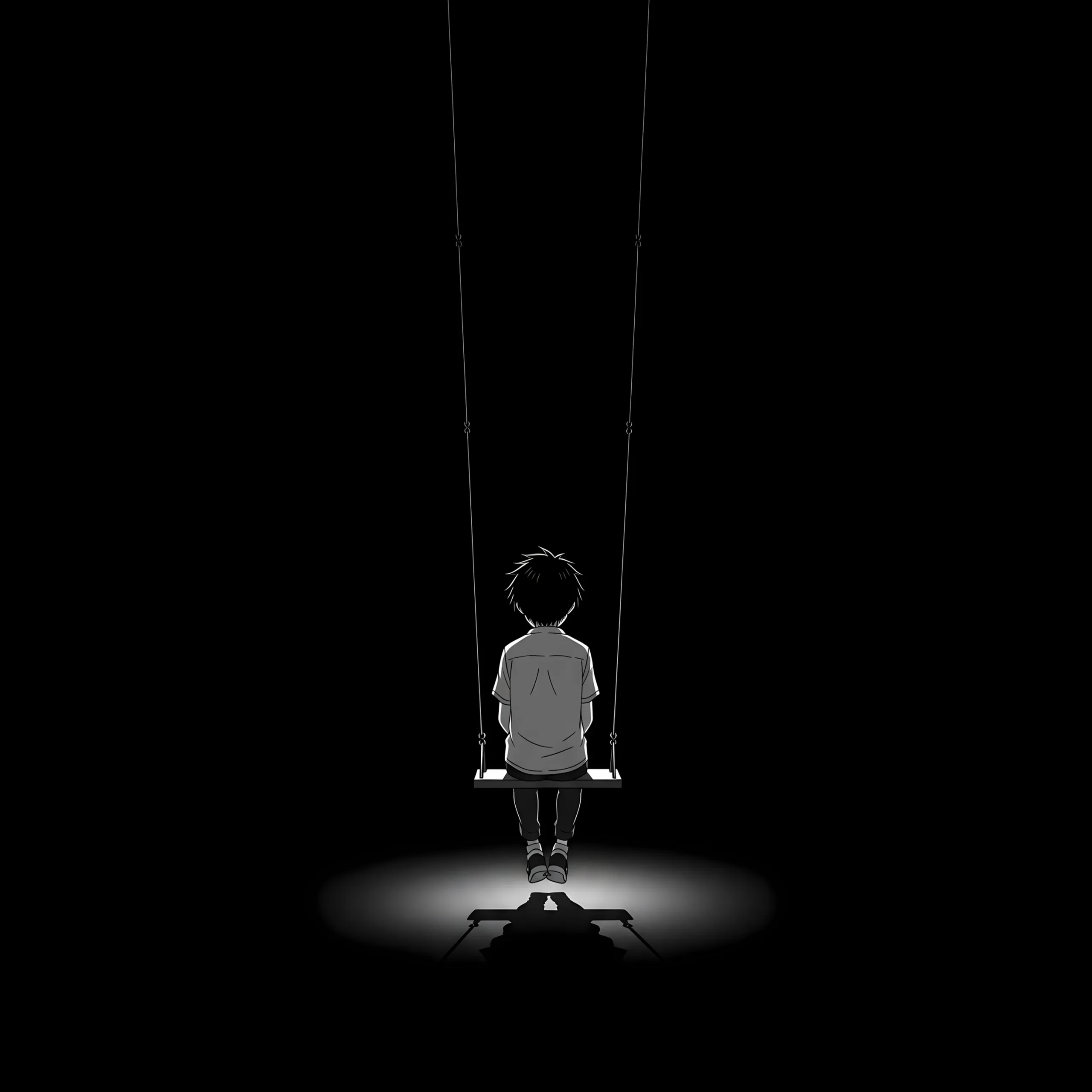 A small boy sits on a rope swing with a single pool of light at his feet, everything else in the square left black.