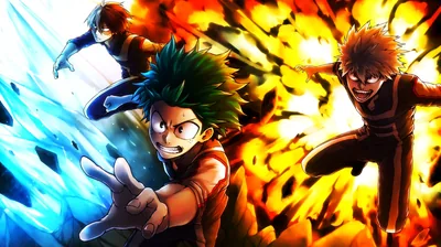 Deku lunges forward between Todoroki's ice blue and Bakugo's explosive orange, the frame split diagonally into cold and hot halves.