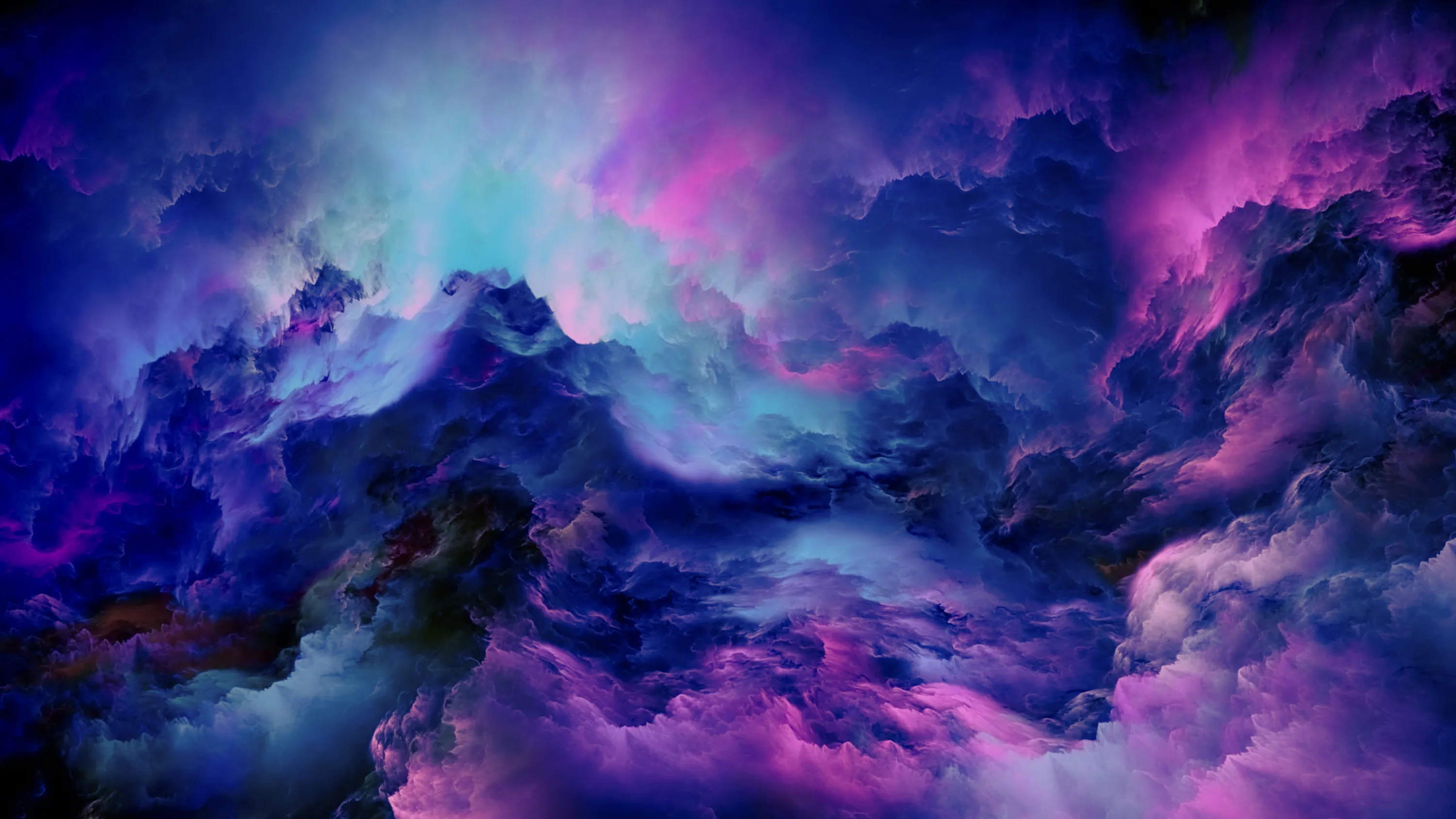 Banks of storm clouds glow from within in violet, magenta, and cyan, the brightest turquoise light breaking through at the top of the frame.