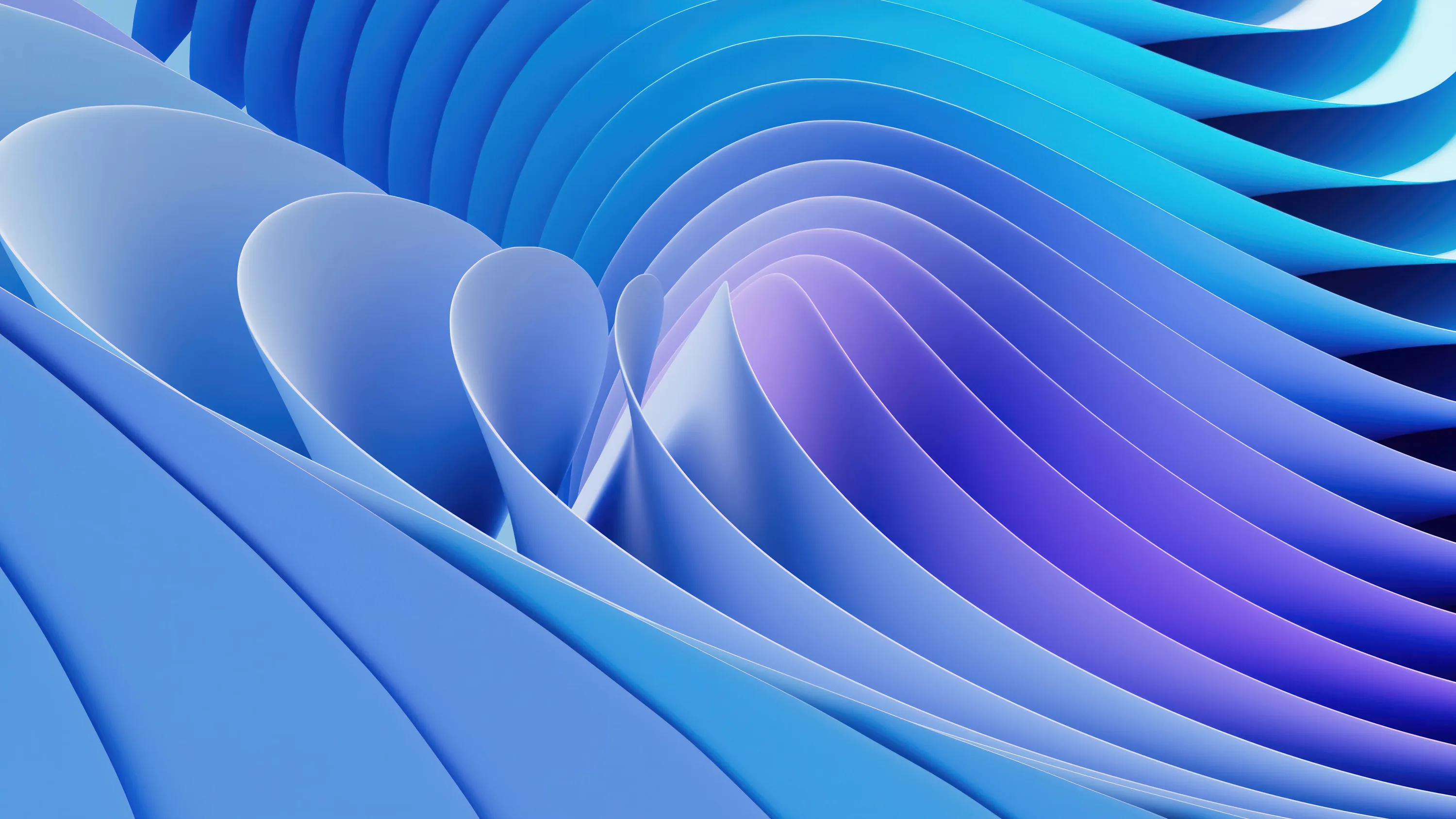 Layered 3D ribbons curl over one another in sky blue, shifting to violet where they gather toward the upper right.