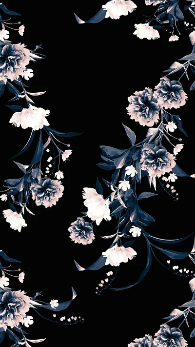 Peonies and lilies in navy, blush and white trail down a pure black field, leaving the middle mostly empty for icons.