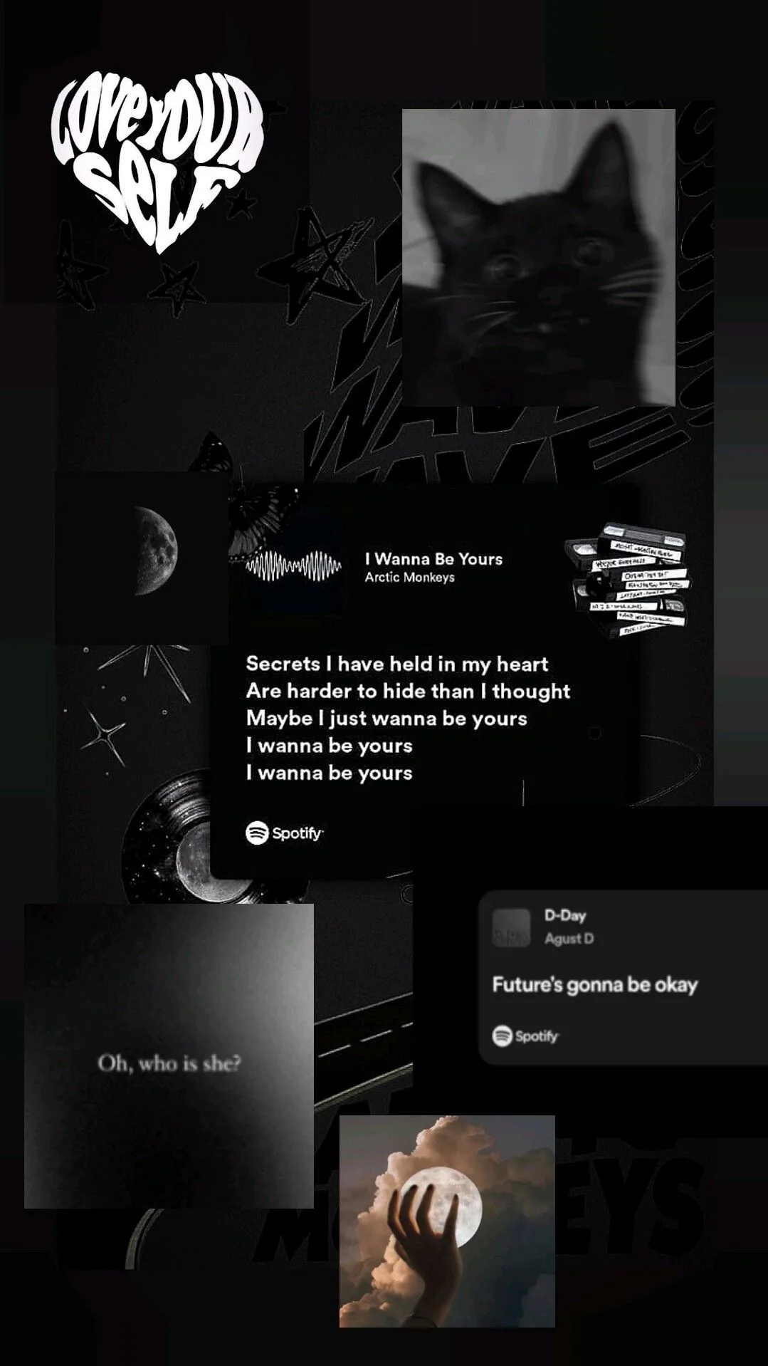 A phone-shaped collage of grey photos, lyric lines and two Spotify now-playing cards, a hand and a knife pattern tucked between the panels.