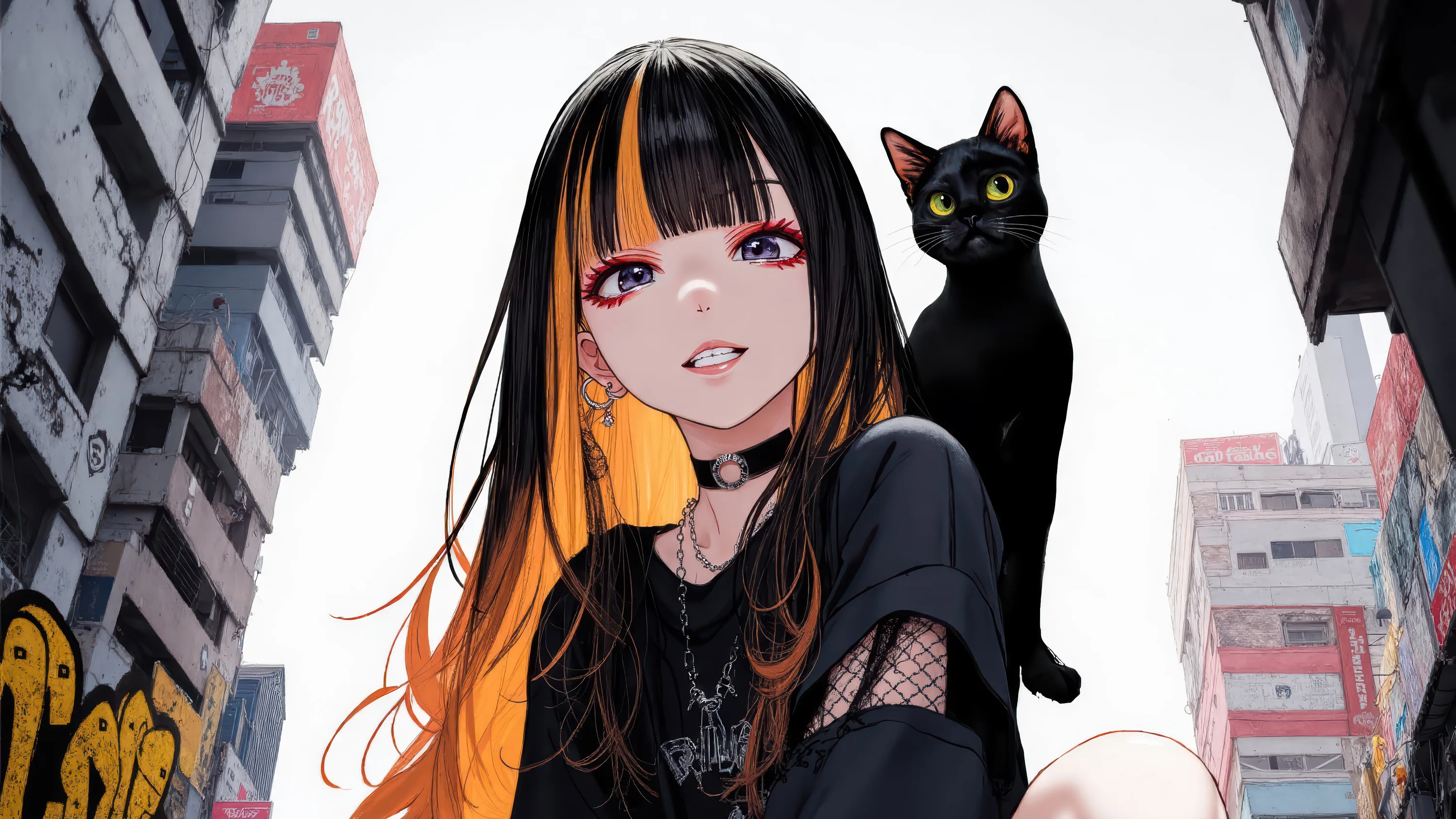 Black hair with orange underlayer, choker and fishnet sleeves, a green-eyed black cat perched on her shoulder above a crowded city block.
