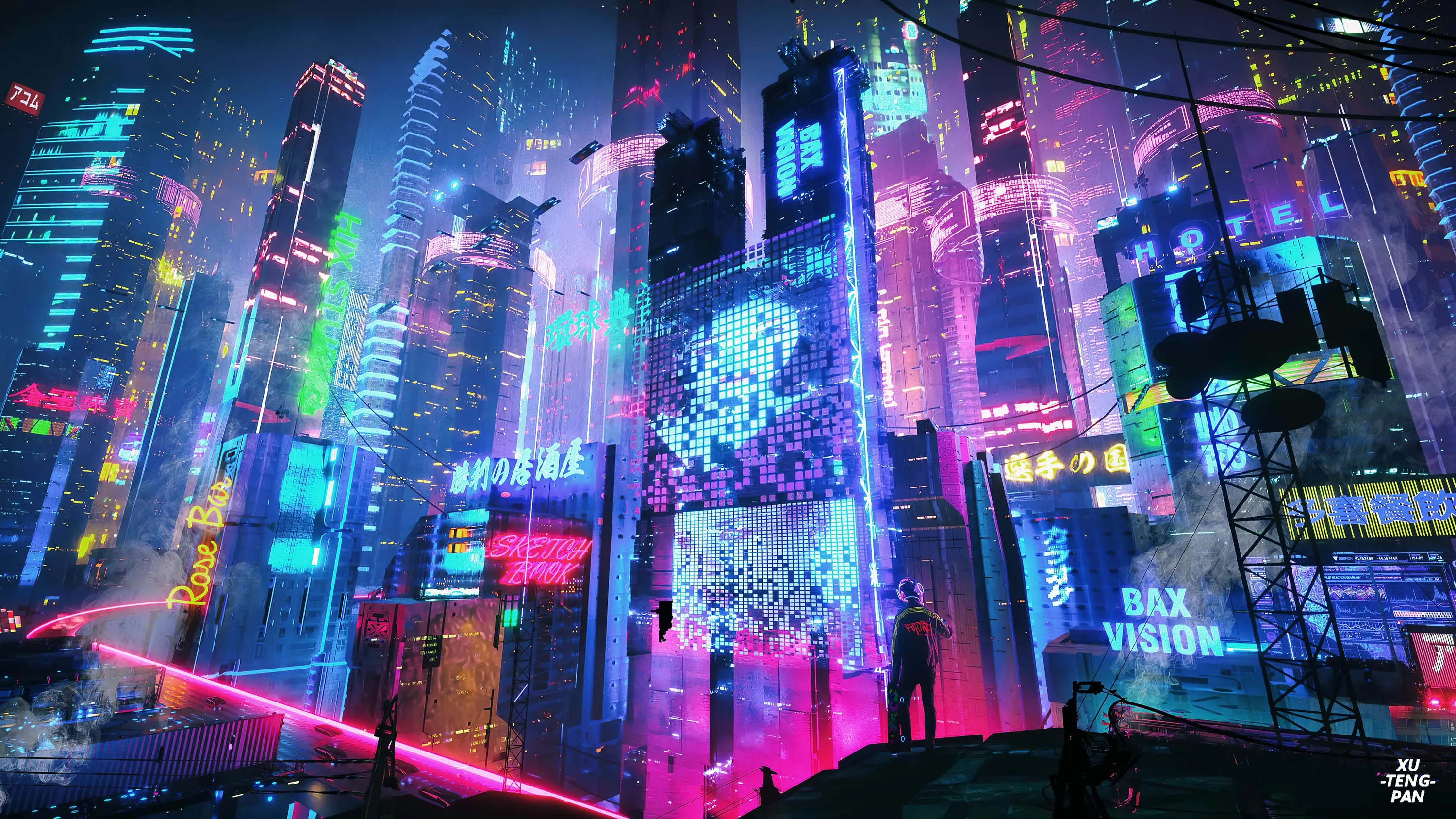 Pink and blue holograms climb every tower of a dense future city while two figures watch from a dark rooftop, the lower corners staying near-black for icons.