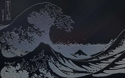 Hokusai's Great Wave traced as pale relief lines on a near-black ground, Mount Fuji tiny in the trough — dark enough to sit quietly behind desktop icons.
