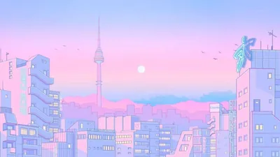 A pale sun hangs beside a slender broadcast tower over lavender city blocks drawn in retro anime style, the pink haze deepening toward the skyline.