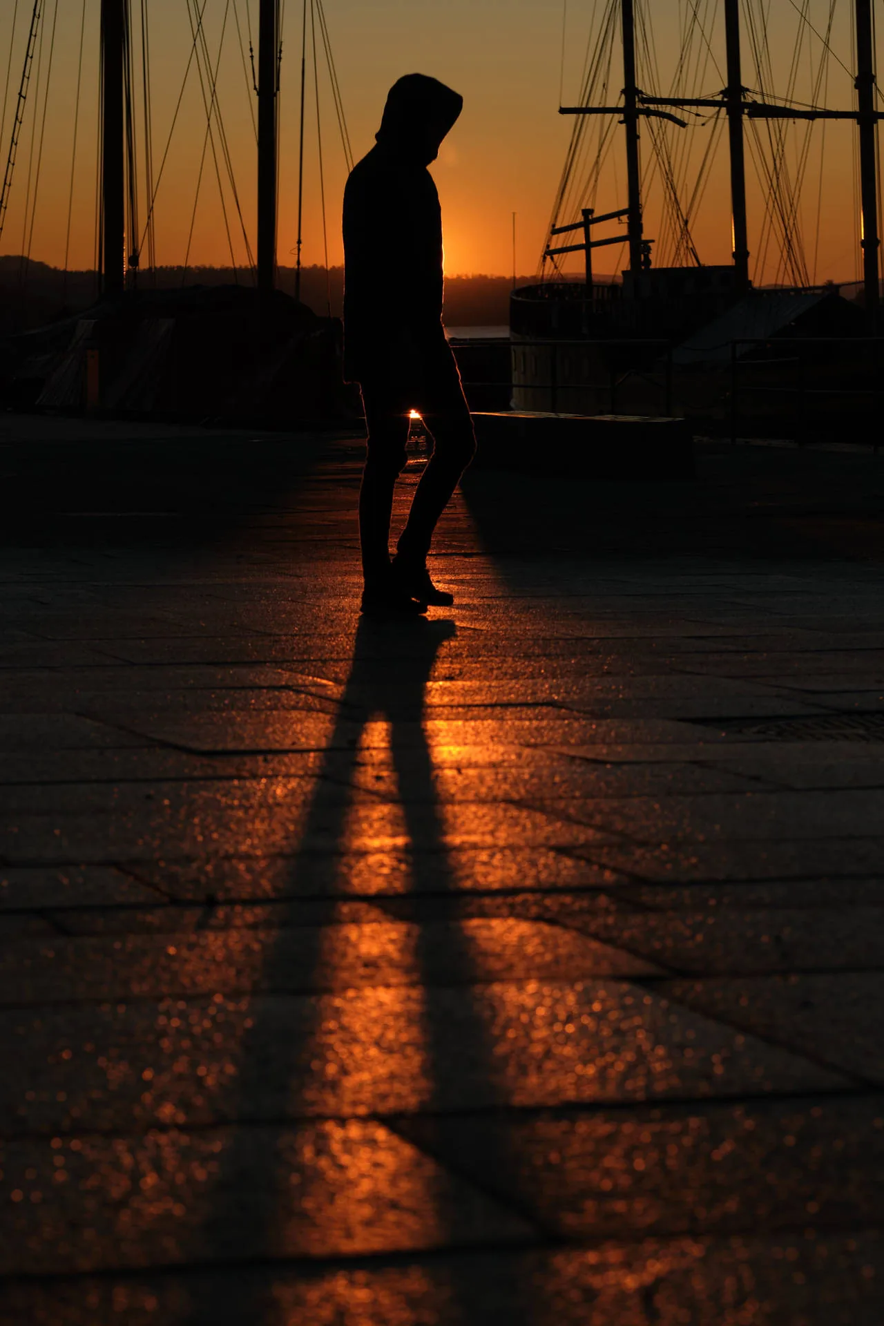 A boy walks across wet dock stones as the sun drops behind moored masts, his long shadow cut into the orange reflection.