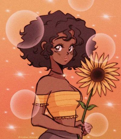 Round afro and a striped orange crop top, a single sunflower held up to the side while soft bubbles drift across the warm background.