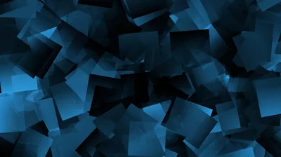 Translucent blue squares overlap in a loose drift across black, the ones nearest the centre lit brightest and the edges fading out.