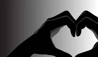 Two black vector hands meet fingertip to fingertip to form an open heart at centre-right, the gray backdrop fading from light on the left to dark.