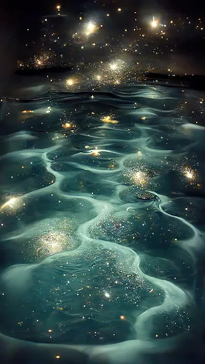 Starlight scatters across dark rippling water in this dreamlike scene, glowing patches breaking the surface — the dim upper edge keeps a clock legible.