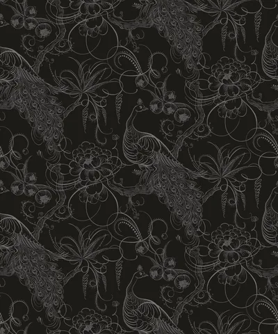 A repeating peacock and floral motif drawn in thin grey line work across a black field.