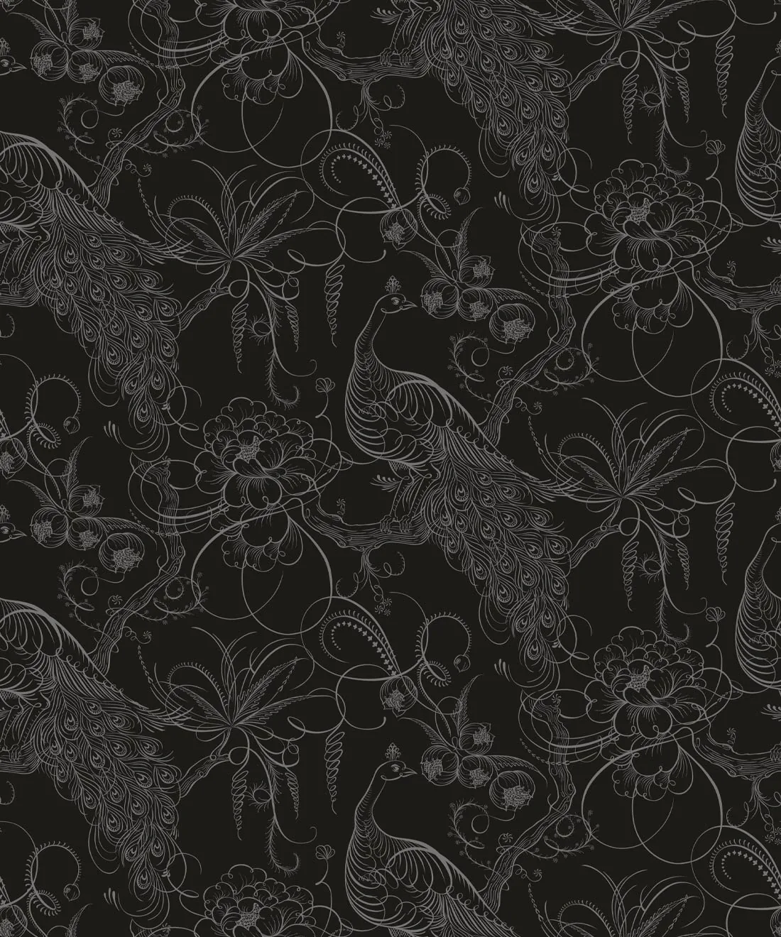 A repeating peacock and floral motif drawn in thin grey line work across a black field.